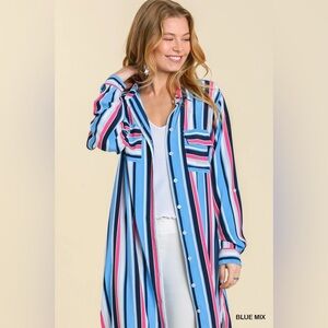 Umgee Blue Mix Striped Button-Down Dress Shirt.